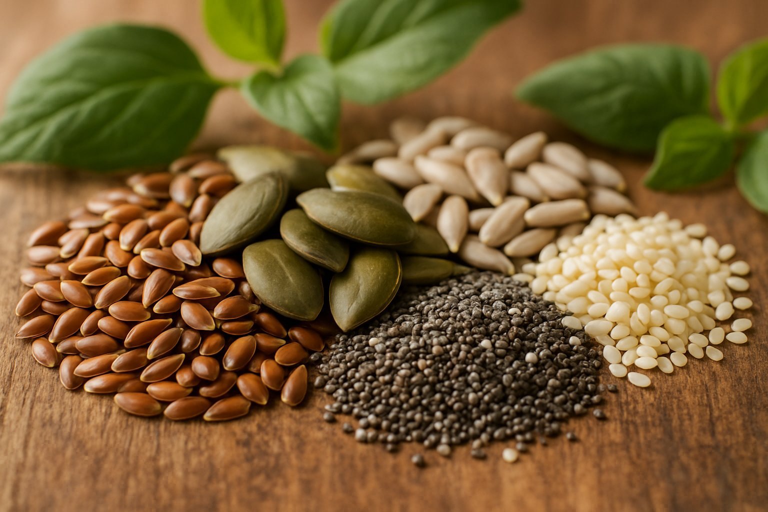 Close-up of various seeds like flax, pumpkin, sunflower, chia, and sesame arranged on a wooden surface with green leaves around them.