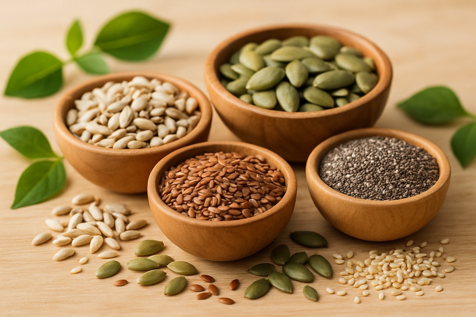 Close-up of different seeds like flaxseeds, pumpkin seeds, sunflower seeds, chia seeds, and sesame seeds arranged in small wooden bowls on a light wooden surface with green leaves around them.