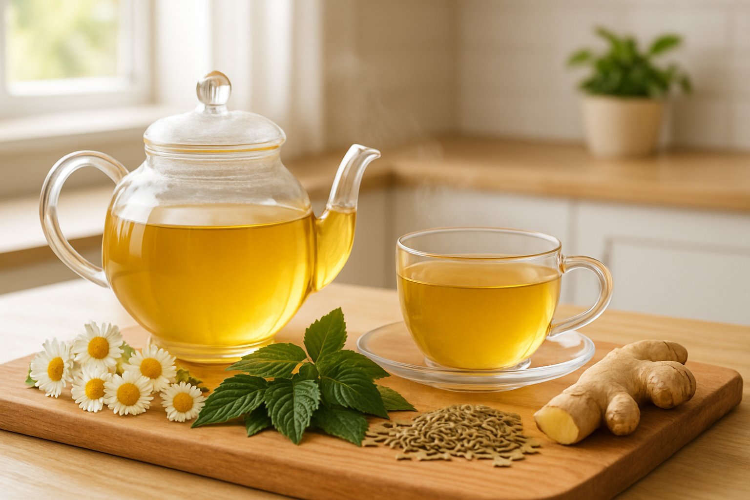 A glass teapot and teacup filled with herbal tea on a wooden surface surrounded by fresh herbs and roots in a bright kitchen.