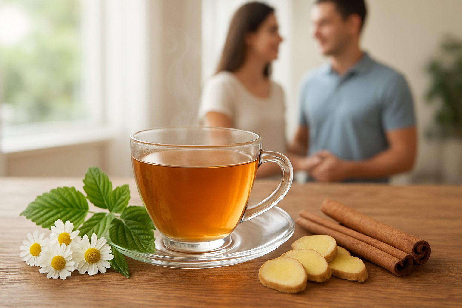 A glass cup of warm herbal tea on a wooden table surrounded by natural ingredients with a blurred couple holding hands in the background.